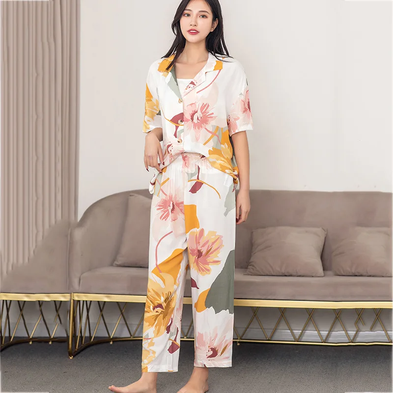 

Women 2PCS Cotton Floral Pajamas Sets Sexy Notched Pyjamas Suit Spring S-L Sleepwear Loungewear Nightwear Casual Home Clothes