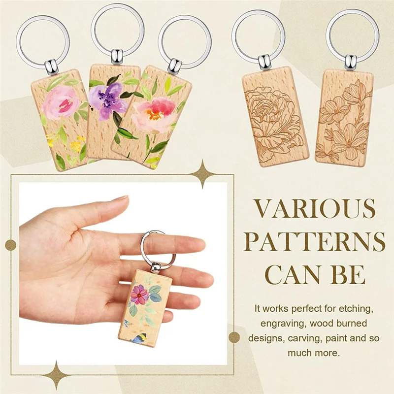

50 Pieces Blank Wooden Key Tag Key Engraving Blanks Unfinished Wood Keychain Key Ring Key Tags for DIY Crafts,Rectangle