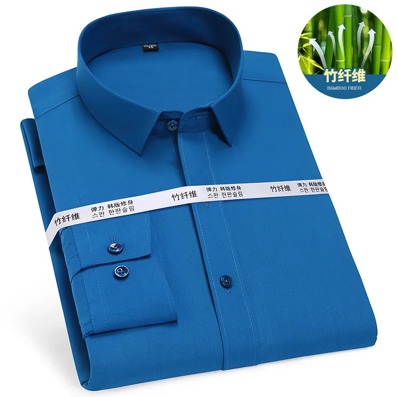 Casual Long Sleeve Shirt for Men Soft Cozy Bamboo Fiber Anti-Wrinkle No-Ironing Solid Color Business Male Social Formal Shirts
