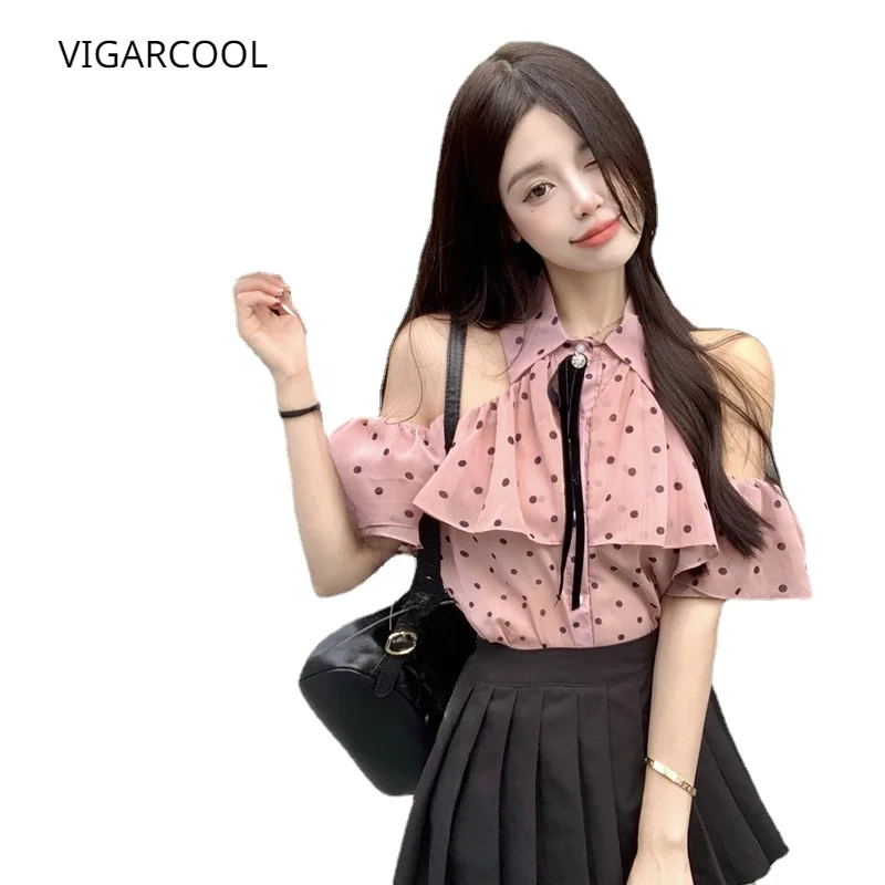 

French polka dot printed off shoulder shirt for women's summer wear, new cautious and unique machine hanging neck sexy short top