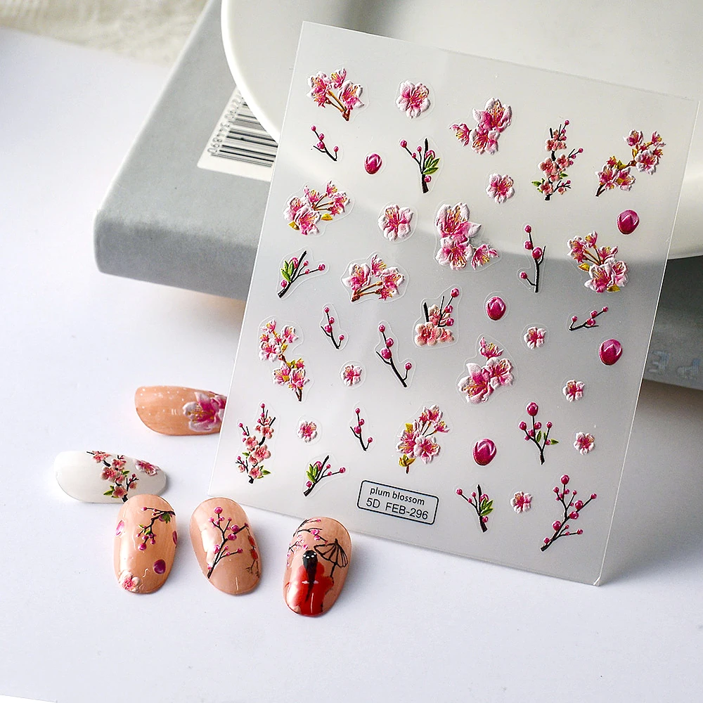 

Изящные розовые бамбуковые рельефные рельефы 5D с мягким тиснением, самоклеящиеся декоративные наклейки для дизайна ногтей, 3D наклейки для маникюра, оптовая продажа