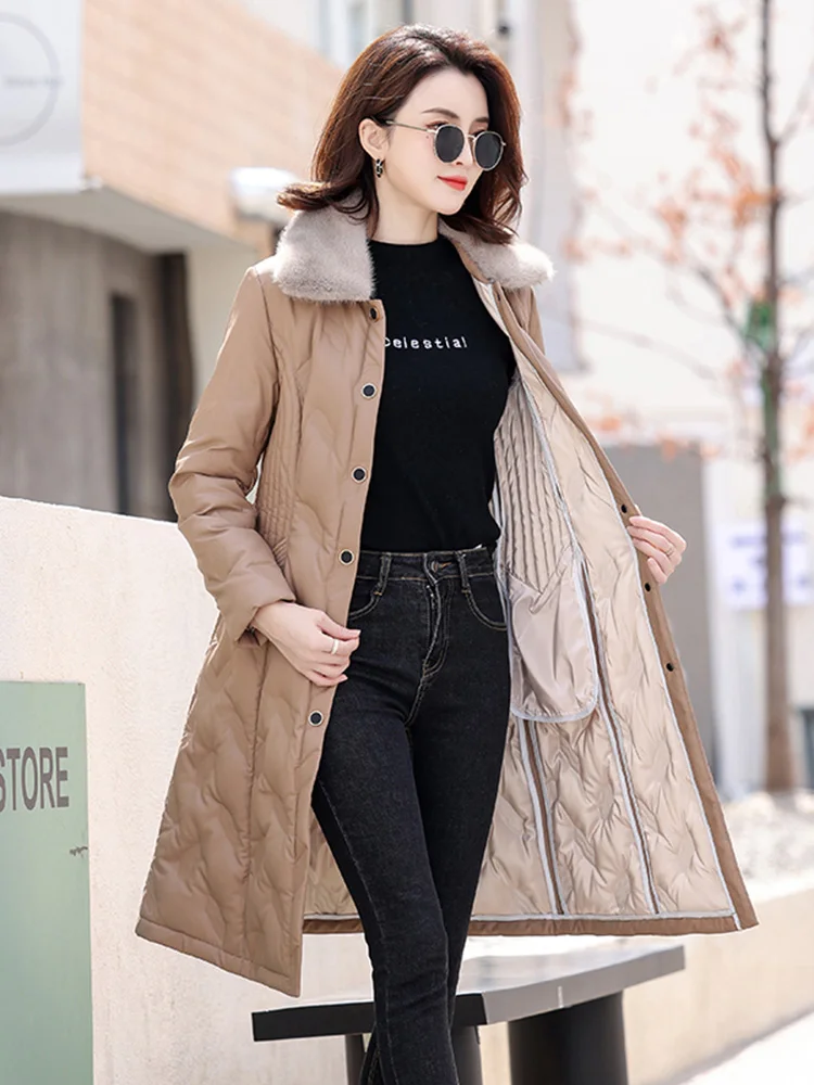 New Women Long Leather Down Coat Autumn Winter Casual Fashion Real Fur Collar Slim Sheepskin Down Coat Thicken Warm Outerwear