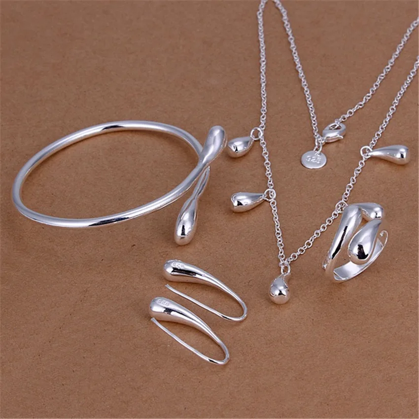 

Charm 925 Sterling Silver Water droplets bangle Bracelet necklace earrings ring Jewelry set for women Fashion Party Gifts