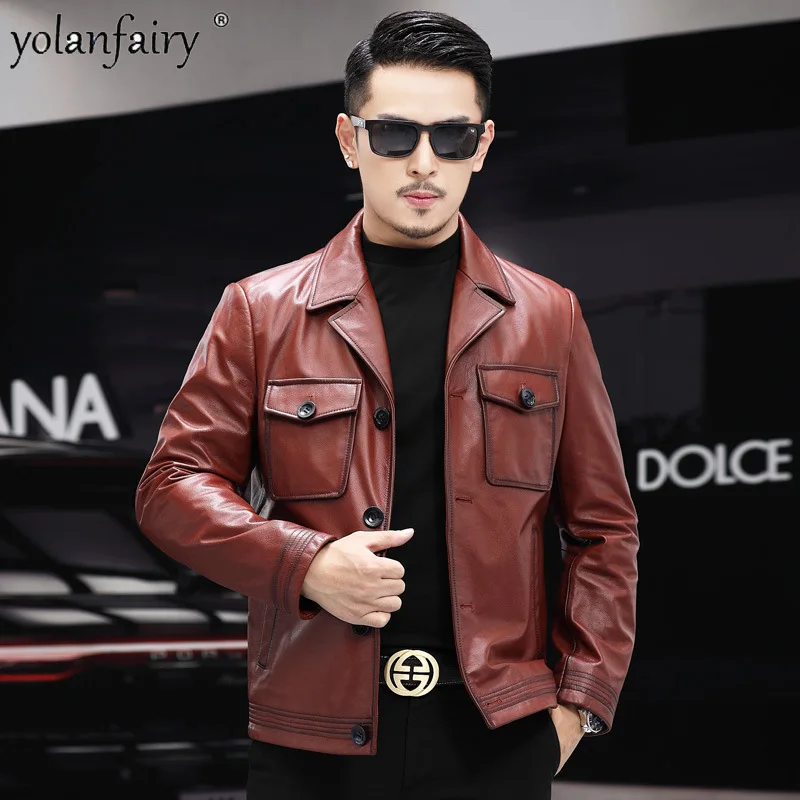 

Куртка мужская из натуральной кожи, телячья кожа, восковой костюмный воротник, мотопальто оверсайз, одежда для мужчин, кожаные куртки FC