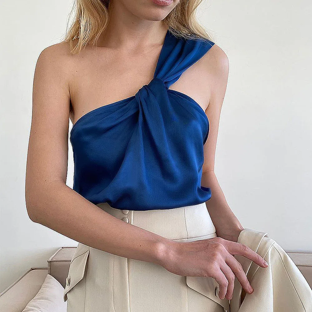 

2022 Klein Blue Tank Top Summer One Shoulder Satin Effect Fashion Women's Outwear Vest Top