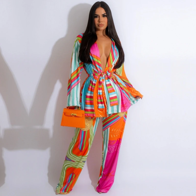 

Two 2 Piece Set Dashiki African Fashion Women's Set Hem Long Sleeve Shirt And Wide Leg Pants Suit 2023 INS Outfit Tracksuit
