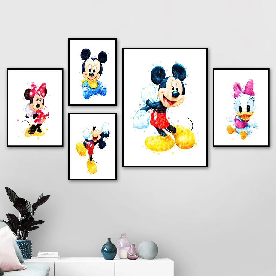 

Watercolor Disney Baby Mickey Minnie Mouse and Donald Duck Canvas Print Wall Art Poster and Prints Pictures for Kids Room Decor