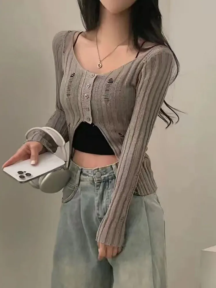 Женский трикотажный кардиган с дырками прозрачный тонкий свитер длинным рукавом