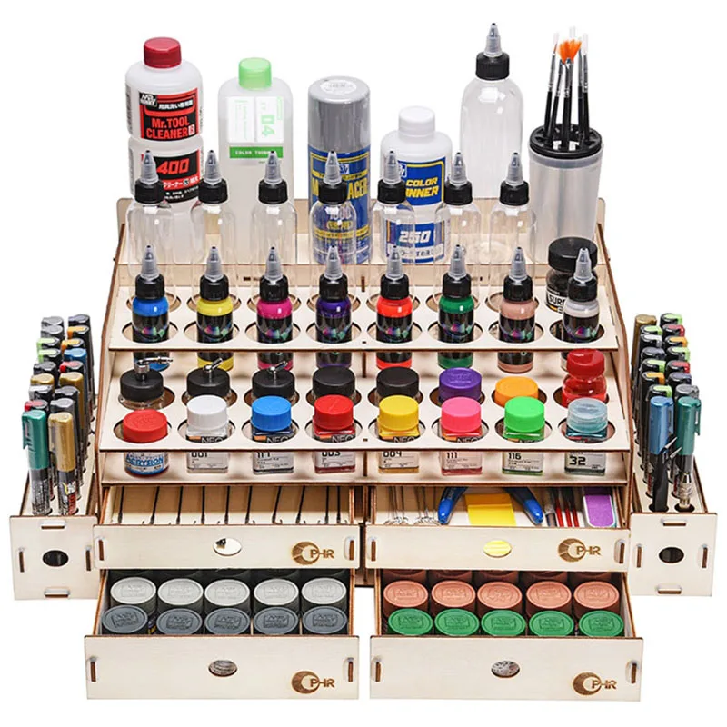 

Wooden Drawer Paint 4 Rack 68 Holes Brush Drawing Holder Bottle Modular Ink Pigment Organizer Drawers Color Storage Stand