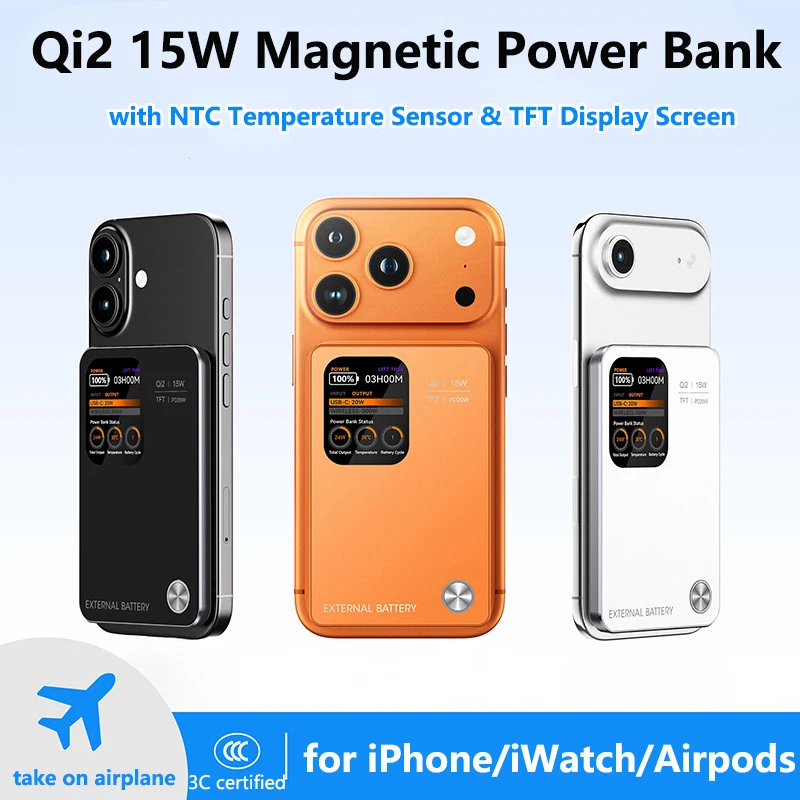 Фото Магнитный Power Bank Qi2 с датчиком температуры NTC, TFT-экраном и беспроводной быстрой зарядкой для MagSafe, iPhone 17, iWatch №2