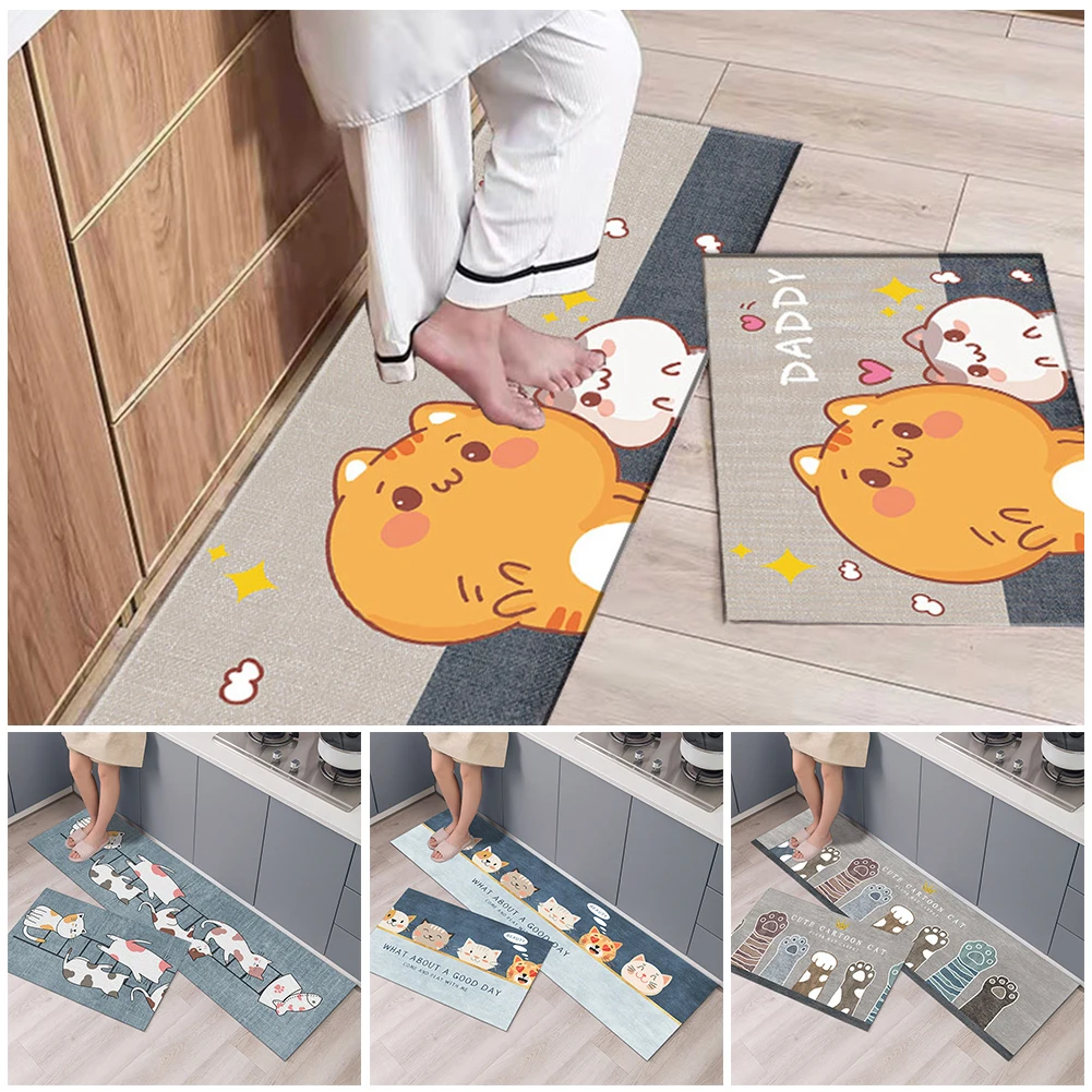 

2 Size Polyester Cartoon Cat Pattern Kitchen Non-slip Mat Bathroom Doormat 3D Floor Washable Dirty-resistant Mats Room Decor