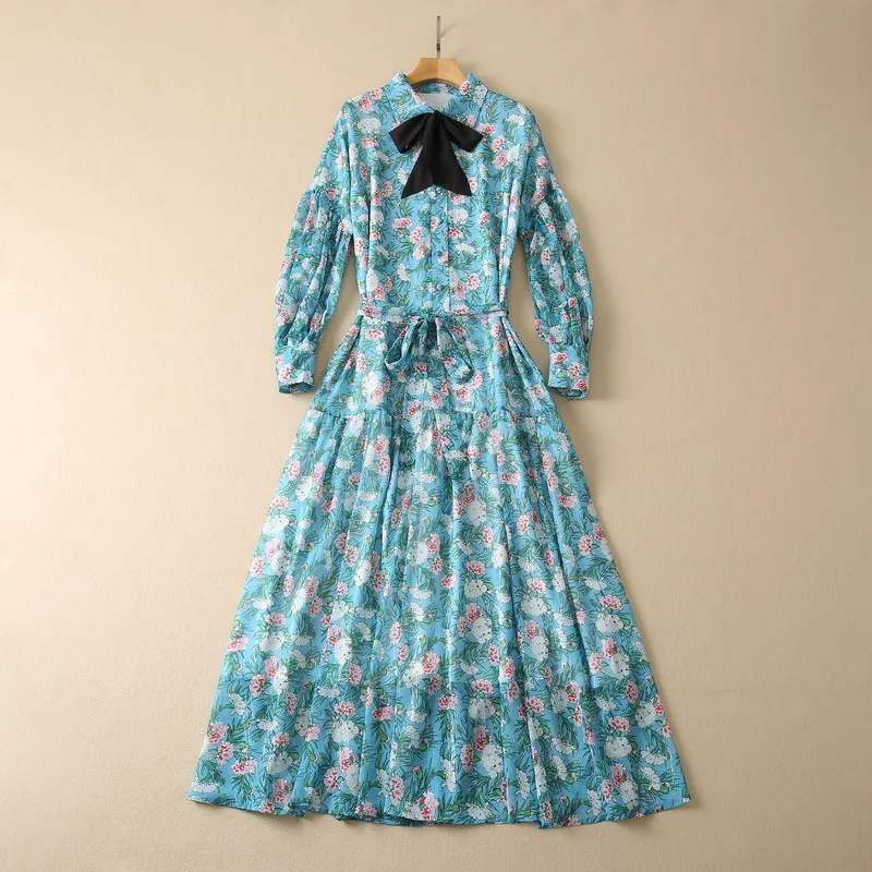 European and American women's wear for winter 2022  Long sleeve lantern sleeve bow lapel flower print  Fashion belt dress