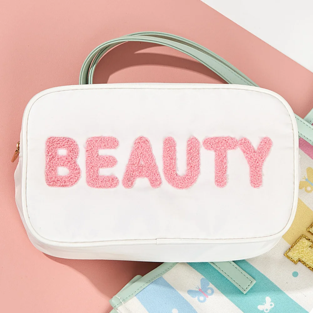 

Simple Travel Washing Bag Large Capacity Letters Makeup Beauty Case Portable Waterproof Leather Zipper Clutches for Home Fitness