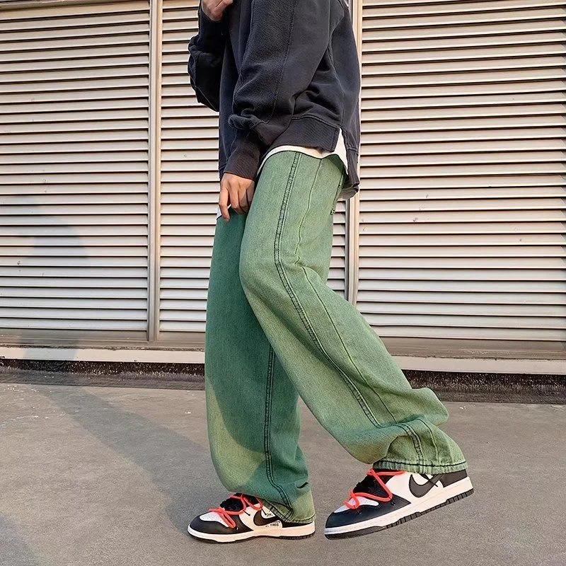 Green Baggy Jeans Men Fashion Retro Casual Straight Jeans Men Japanese Streetwear Hip Hop Loose Denim Pants Mens Trousers S-5XL