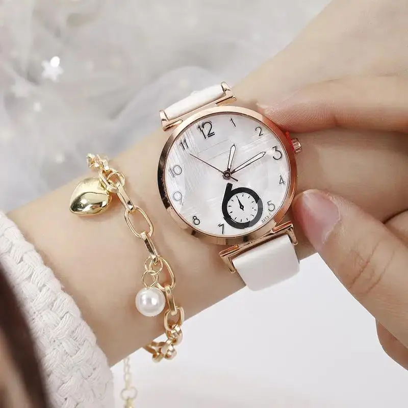 1pc Simple Ladies Fashion Leather Strap Quartz Watch + 1pc Alloy Bracelet Fancy Women Watches Jewelry Sophisticated And Stylish enlarge