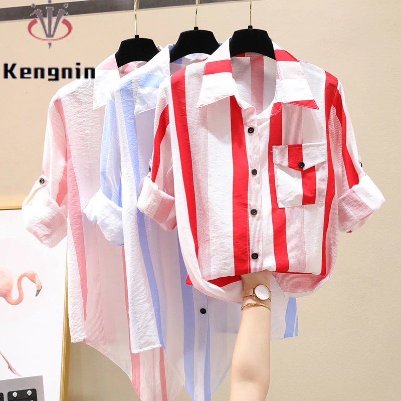 

Thin Suncreen Shirst Woman 2022 Summer Long Sleeve Striped Print Ladies Blouse Loose Korean Fashion Blause Female Tops KN441