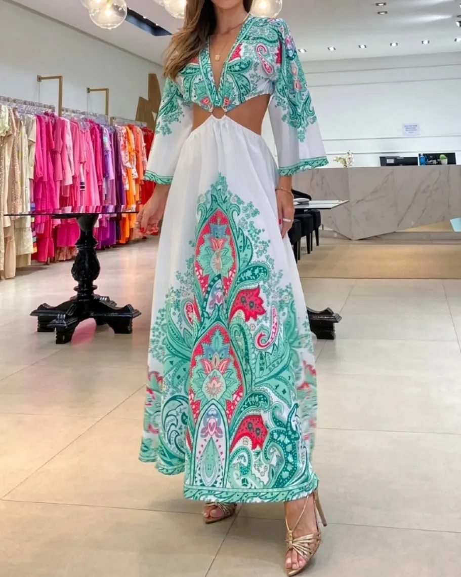 

Summer New Line 2023 Women's Dress Fashion V-Neck Print Off Waist Irregular Long Sleeve Dress Bohemian Sexy Holiday Dress