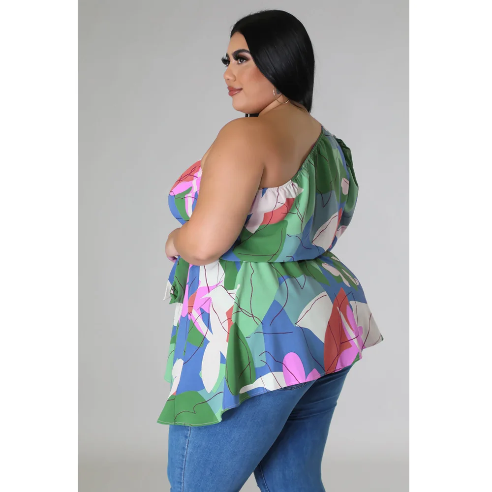 Plus Size Women Floral Tops One Shoulder Shirt For Lady Fashion Casual Outfit Female Belt Cloth 2023 Spring Large Size Tops