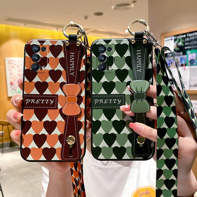 

Strap Wristband Case For Realme 9 Pro 8 7i 6 XT C5 C31 C21Y C21 C2 C17 C15 C11 Reno 7SE 7 Pro Love Heart Bow Neck Lanyard Cover