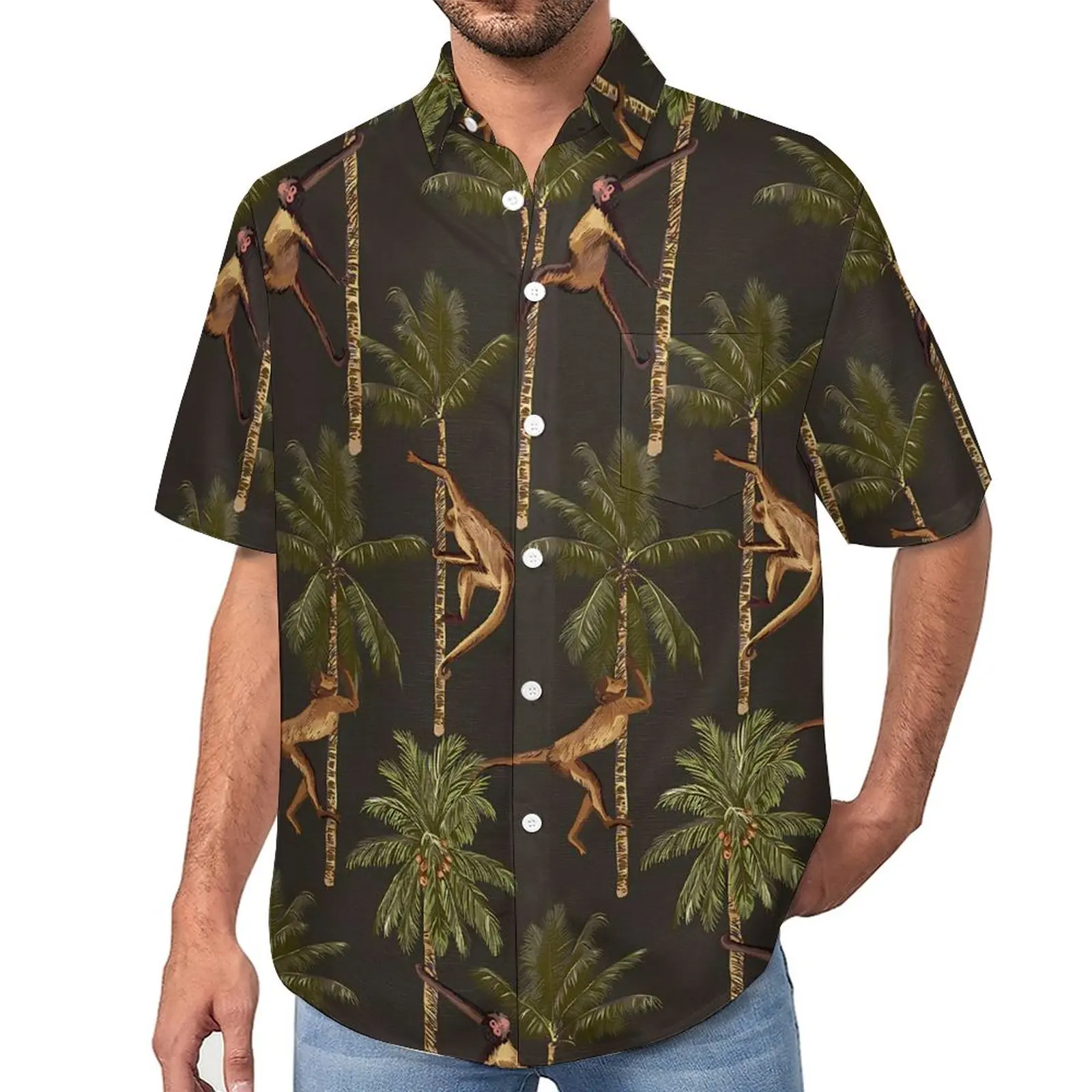 

Monkey Print Casual Shirt Palm Trees Vacation Loose Shirt Hawaiian Trendy Blouses Short Sleeve Graphic Oversized Tops