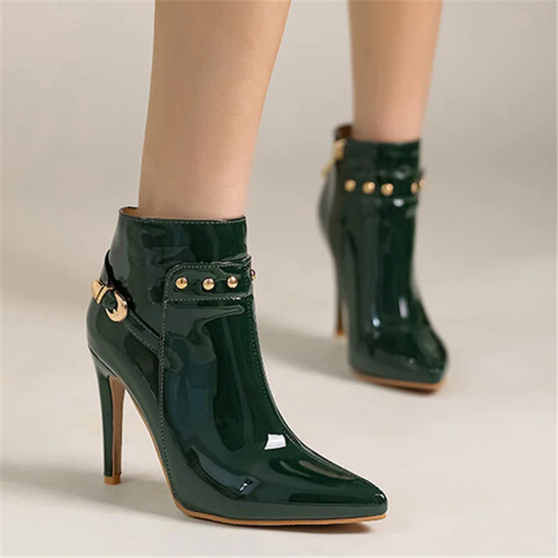

LeShion Of Chanmeb Stiletto Thin High Heels Women Ankle Boots Patent Leather Pointed Toe Metal Buckle Belt Rivet Boots Lady Sexy