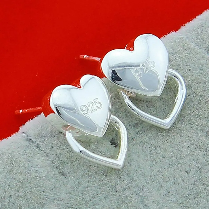 

925 Sterling Silver Double Hearts Stud Earrings Women Wedding Party Gift Accessories Fashion Jewelry