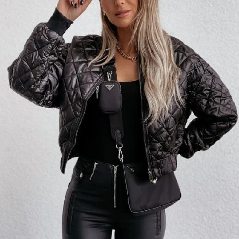 Women's Jacket Winter Thin Parka Coat Army Green Bomber Jacket Retro Fashion Streetwear Pocket Long Sleeve Short Coat Ladies