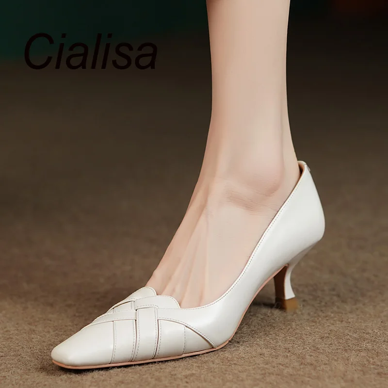 Cialisa 2022 New Arrival White Genuine Leather Women Shoes Office Lady Pumps Square Toe Thin High Heels Spring Autumn Footwear