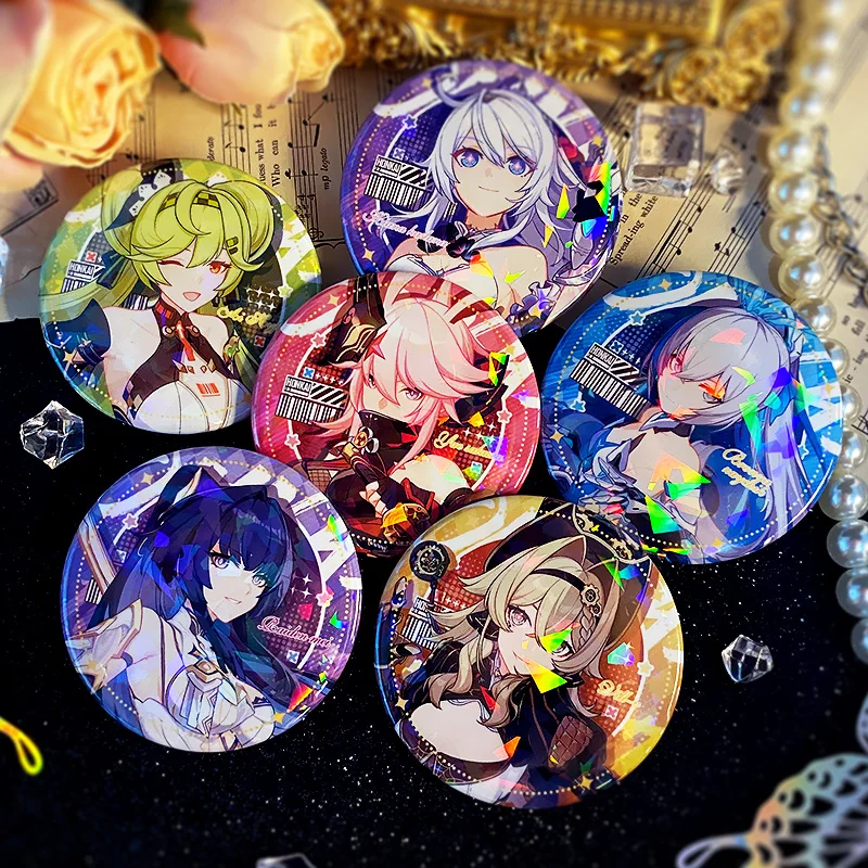 

Anime Honkai Impact 3 Kiana Kaslana Elysia Raiden Mei Cosplay Tinplate Laser Metal Badge Bags Brooch Pin Button Toy Gift