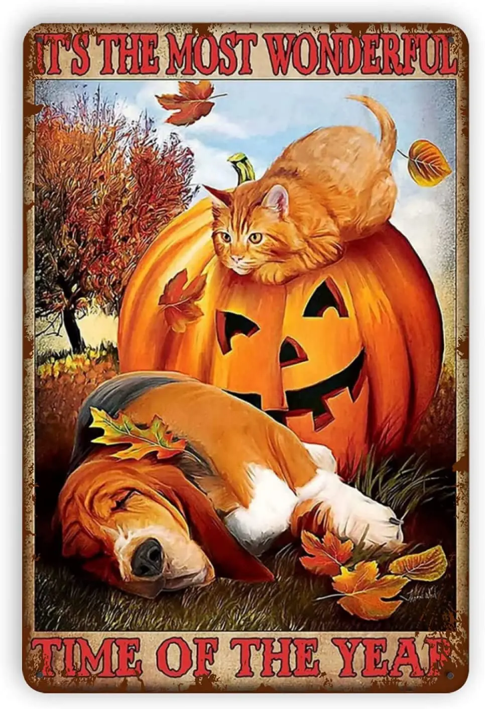 

Vintage Tin Signs - Pumpkin Dog and Cat The Most Wonderful Time of The Year Funny Wall Decor for Home Bars Pubs Cafes Bathroom