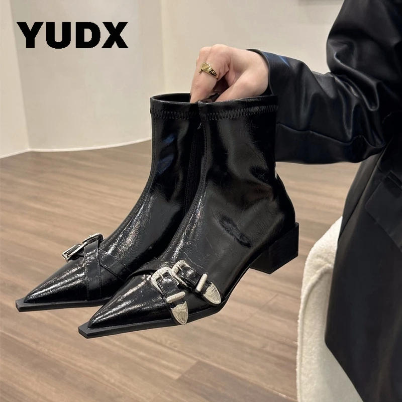 

2023 Winter New Elegant Ankle Boots for Women Pointed Toe Zipper Buckle Low Heels Pumps Fashion Short Modern Boots Ladies Shoes
