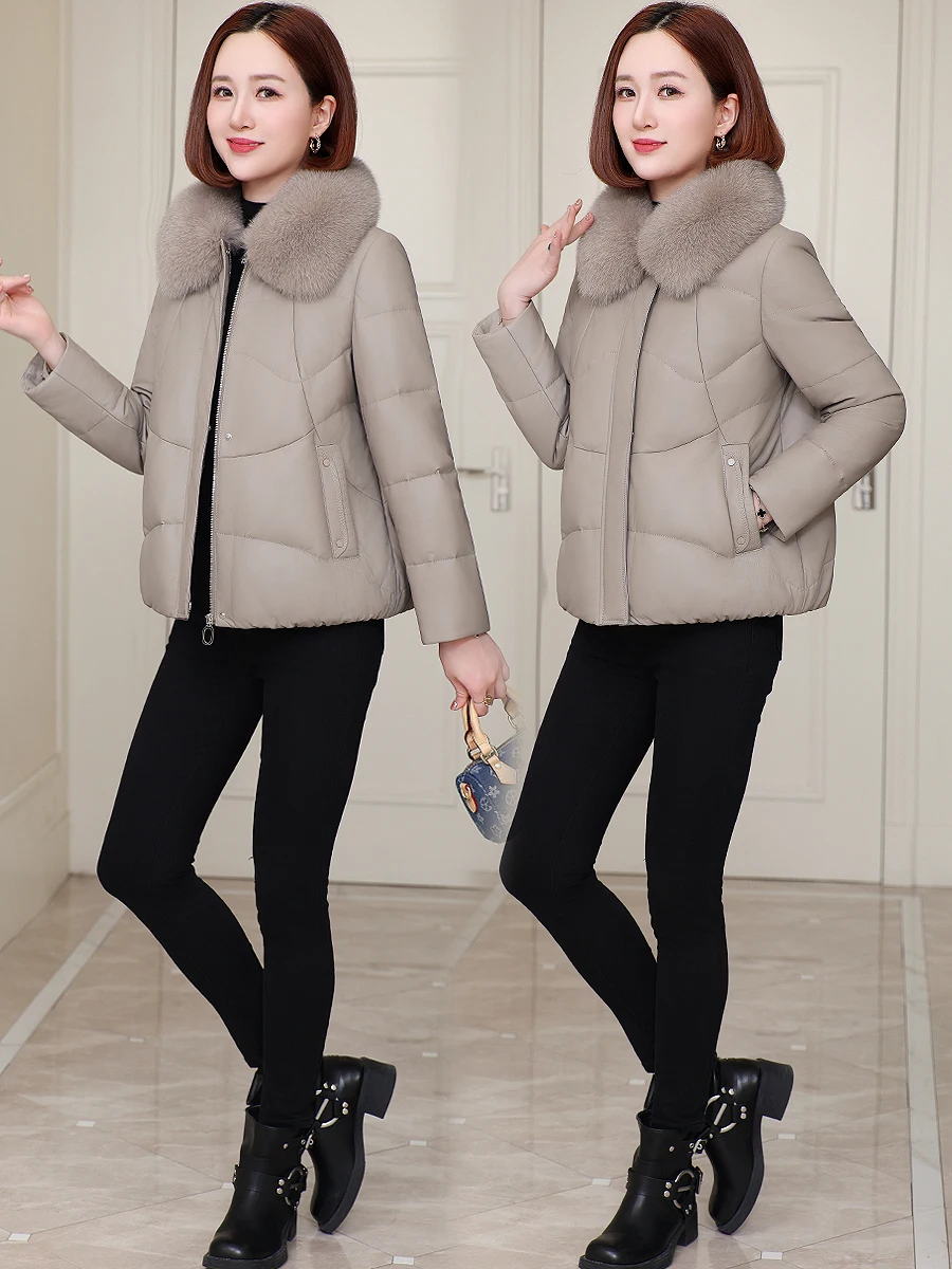 Женский пуховик из натуральной кожи новинка зимы 2024 модное пальто овечьей для