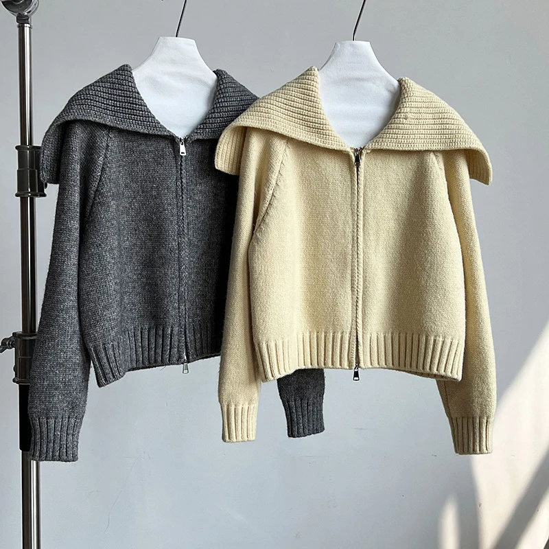 2024 новый женский свитер с матросским воротником длинный рукав молния дизайн