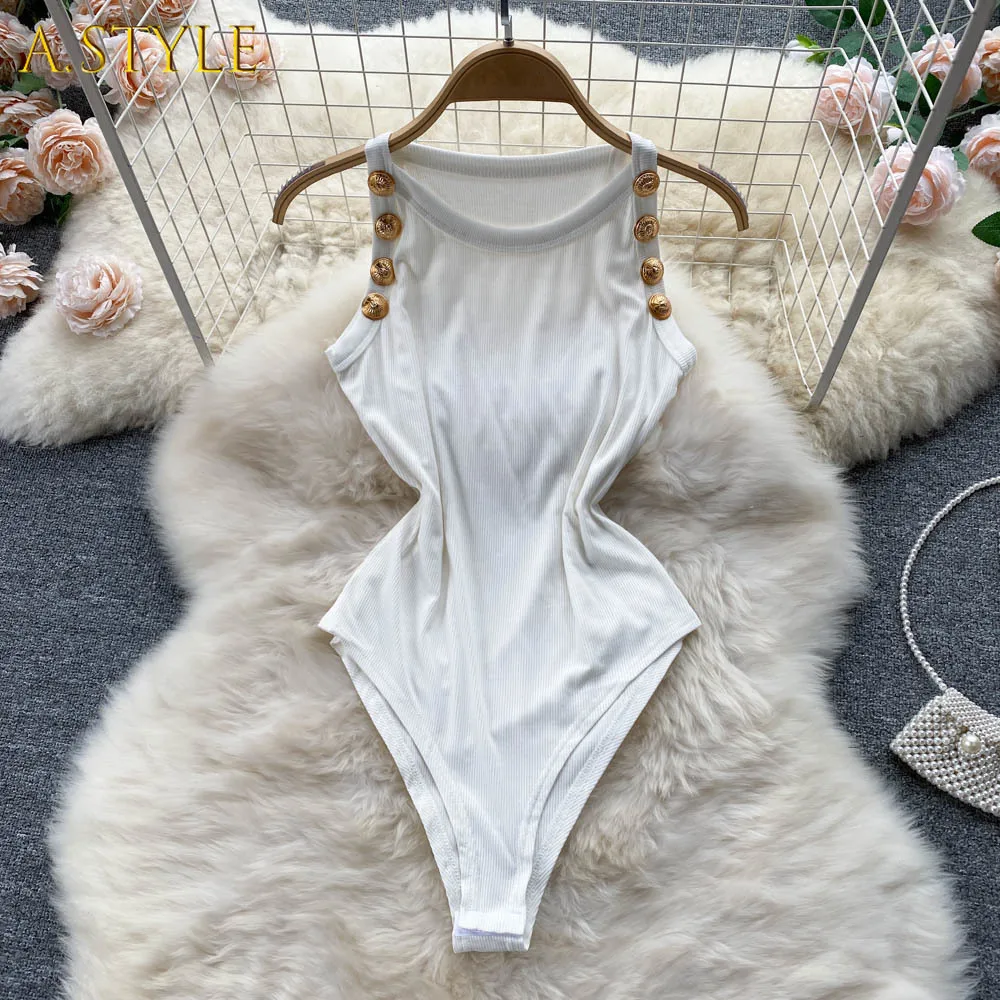 A GIRLS Women O Neck Sleeveless Playsuits Ladies Camisole Korean Sexy Rompers Female Streetwear Solid Button Bodycon Bodysuits