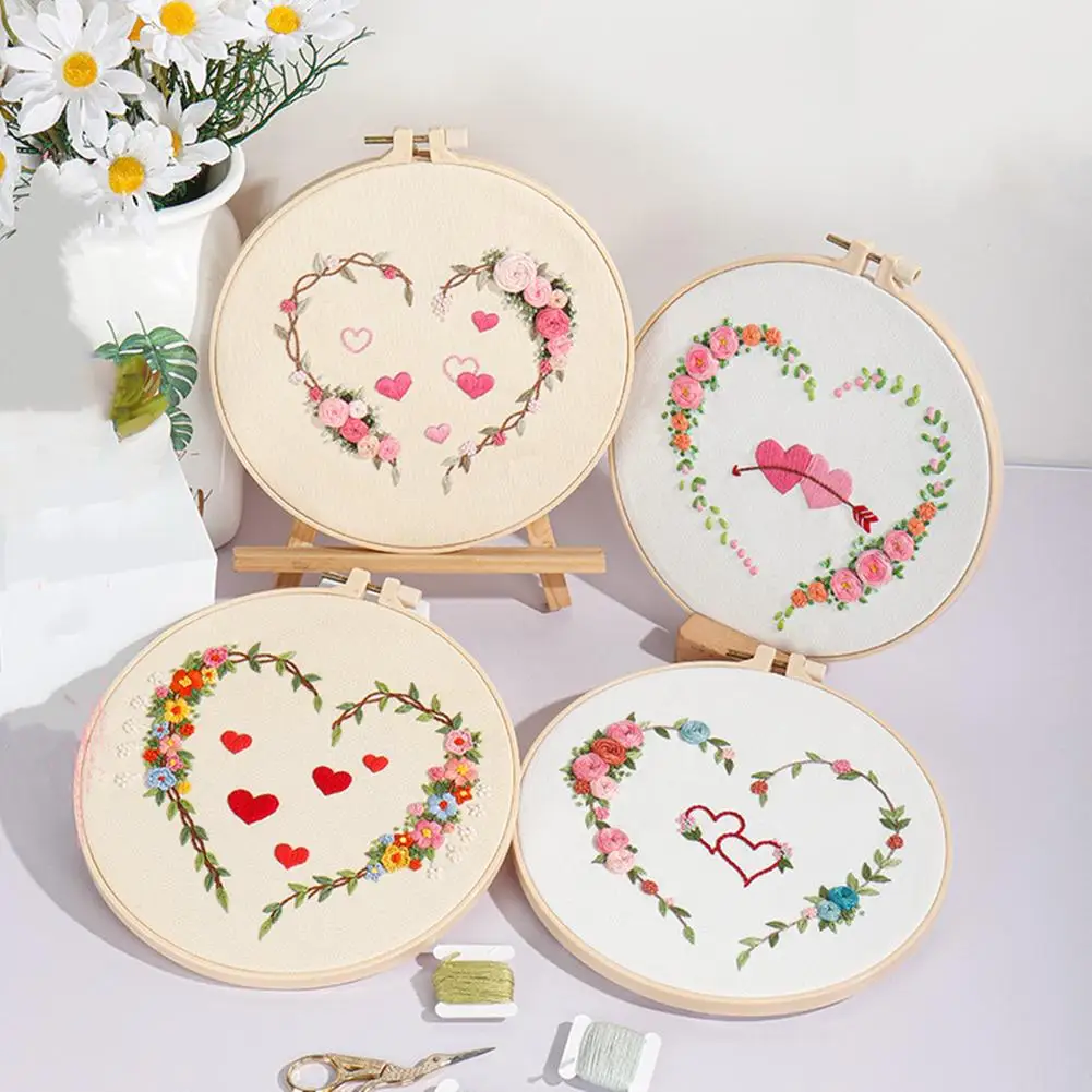 

4Pcs Embroidery Set DIY Flowers Pattern Needlework Tools Printed Beginner Embroidery Cross Stitch Kit Sewing Craft Kit With Hoop