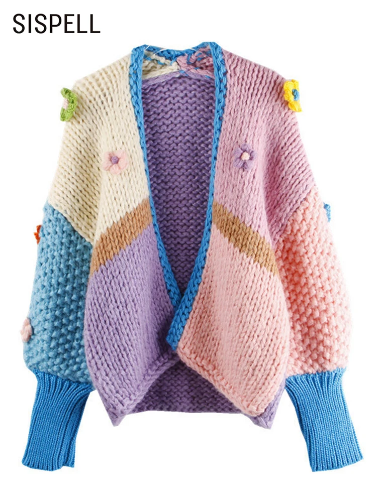 

SISPELL Colorblock Patchwork Appliques Coats For Women V Neck Long Sleeve Knitting Loose Sweater Female Autumn Clothing Fashion