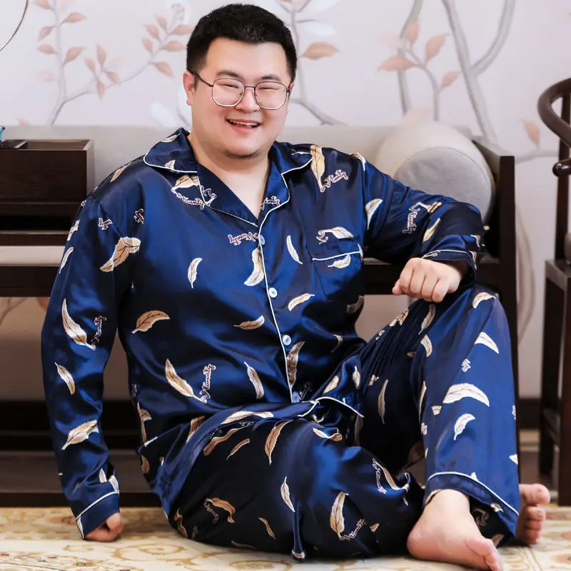 Summer big yards pajamas men long sleeve ice silk thin type of fertilizer increased silk leisurewear suit loose fat