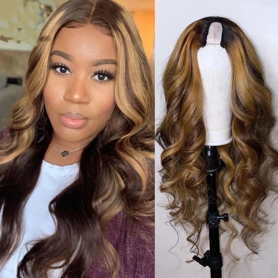 

30Inches Highlight Blonde Wave U Part Wig Human Hair Remy Hair Full Machine Made U Shaped Wig Middle Part Glueless For Women