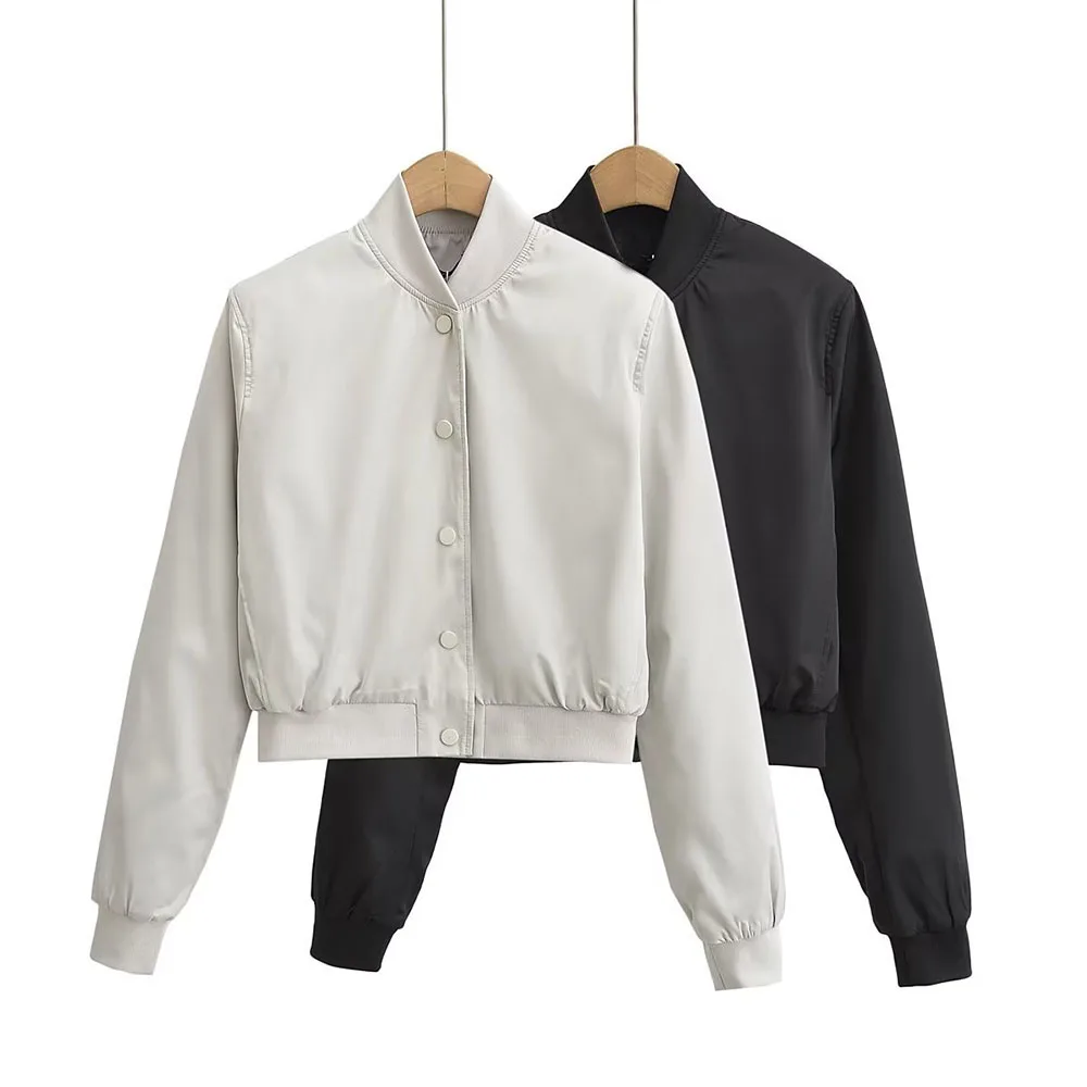

Early autumn new fashion women's casual all-match round neck long-sleeved silk satin texture short bomber jacket coat