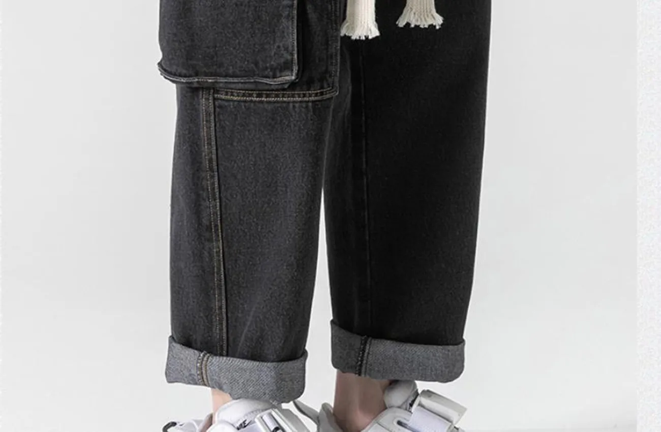 Men's loose Jeans Workwear Multi-pockets Cargo Straight  Vintage Denim Drawstring Pants Japan Korea Casual Biker Long Trousers