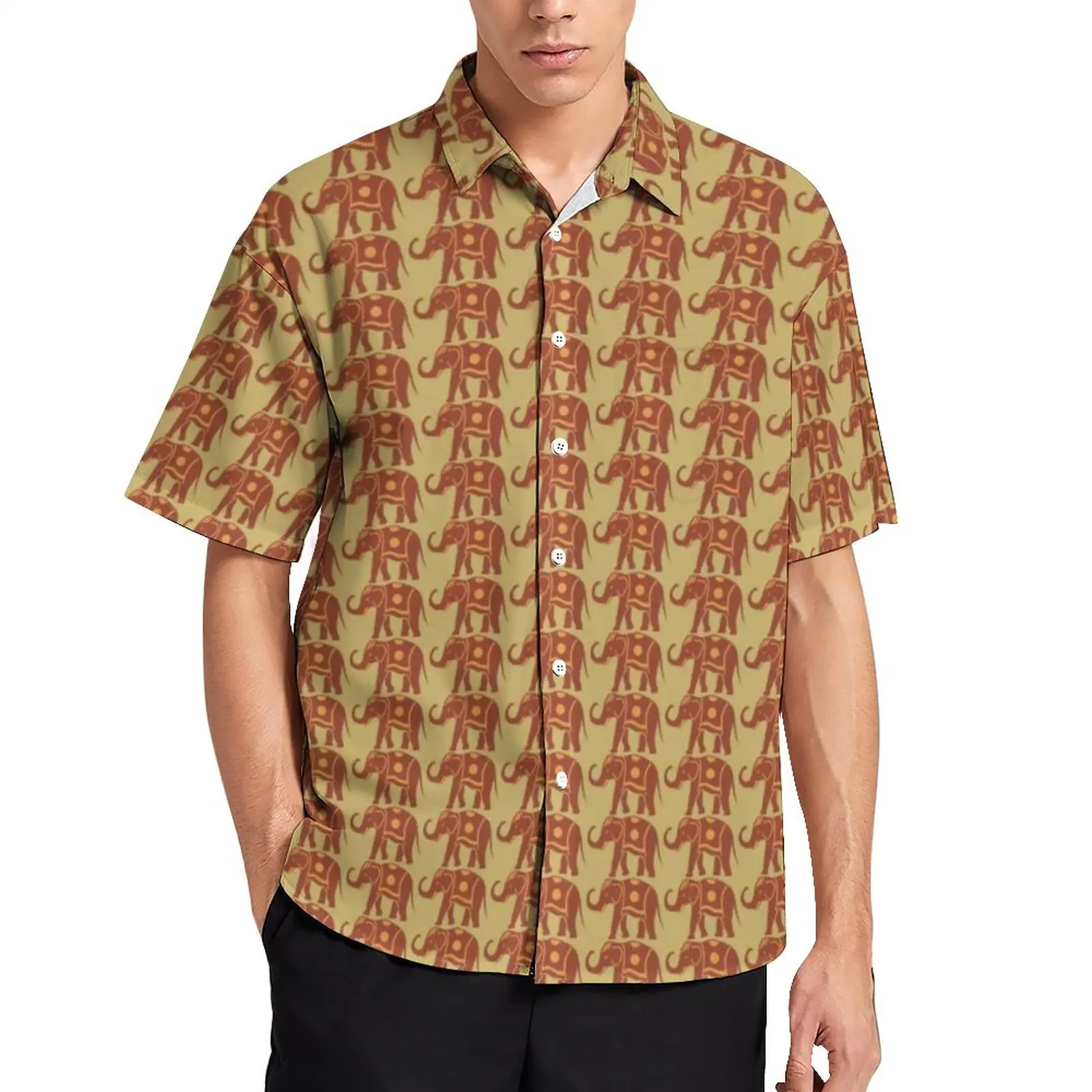 

Retro Elephant Shirt Hawaiian Indian Elephants Orange Casual Shirts Blouses Short Sleeve Streetwear Oversized