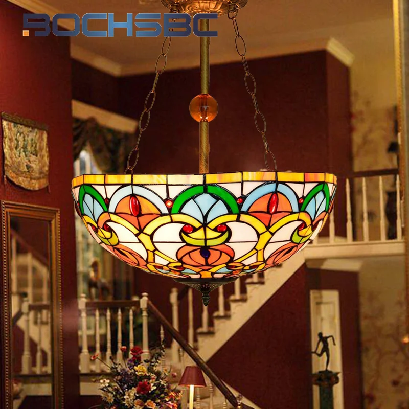 

BOCHSBC Tiffany Vintage style stained glass chandelier Living Room Dining Room Hotel Bedroom 16 inch deco inverted pendant light