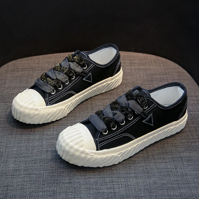 

Fashion Platform Canvas Lace Up Women Casual Style Women Sneakers Comfortable Black Casual Sports Vulcanized Shoes