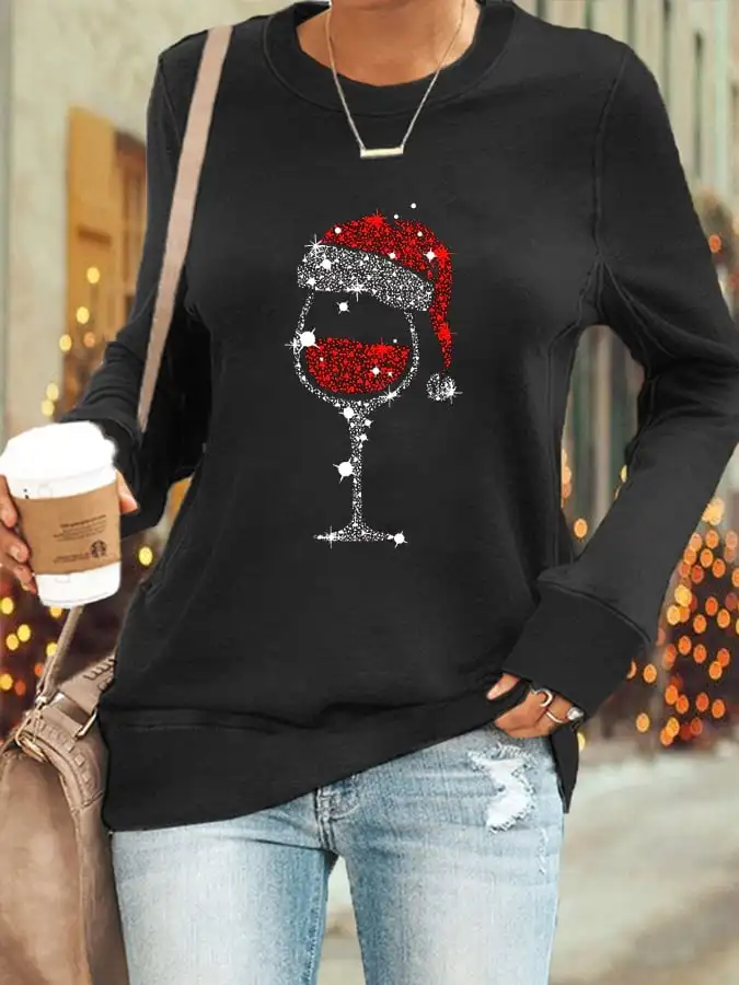 

Women's Christmas Red Wine Glass Print Long Sleeve T-Shirt