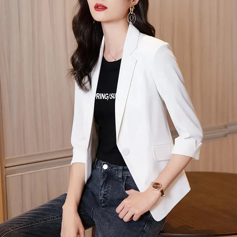 

2023 New Summer Basic Blazer Women Clothes Single Button Fashion Solid Slim Blazers Jacket Female Suit Coats Overwear S-4XL