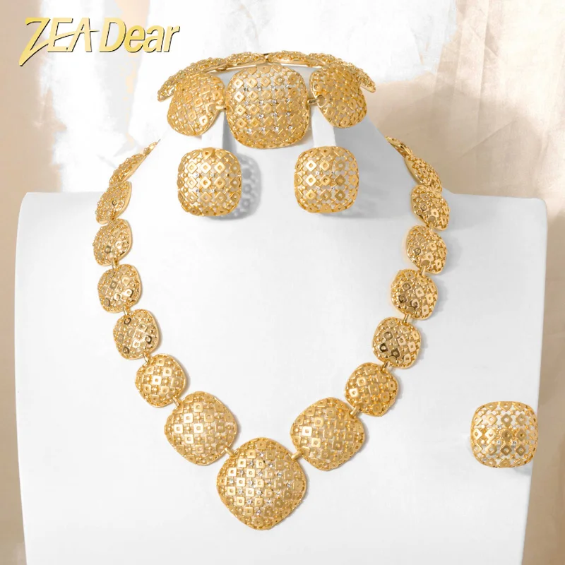 

Zeadear Jewelry Luxury Brazilian Gold Color Bracelet Earring Cubic Zirconia Big Necklace African Gold Tone Bridal Jewelry Sets