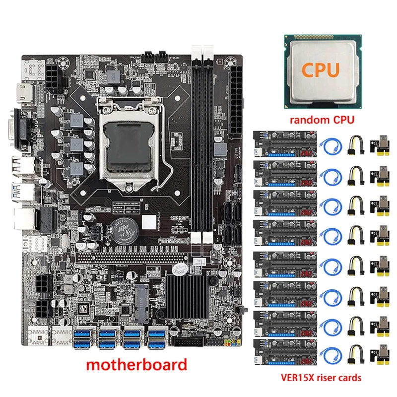 

B75 8 GPU Mining Motherboard+CPU+8X VER15X Riser Card 8 USB3.0 To PCIE 1X Slot LGA1155 DDR3 SATA3.0 For BTC/ETH