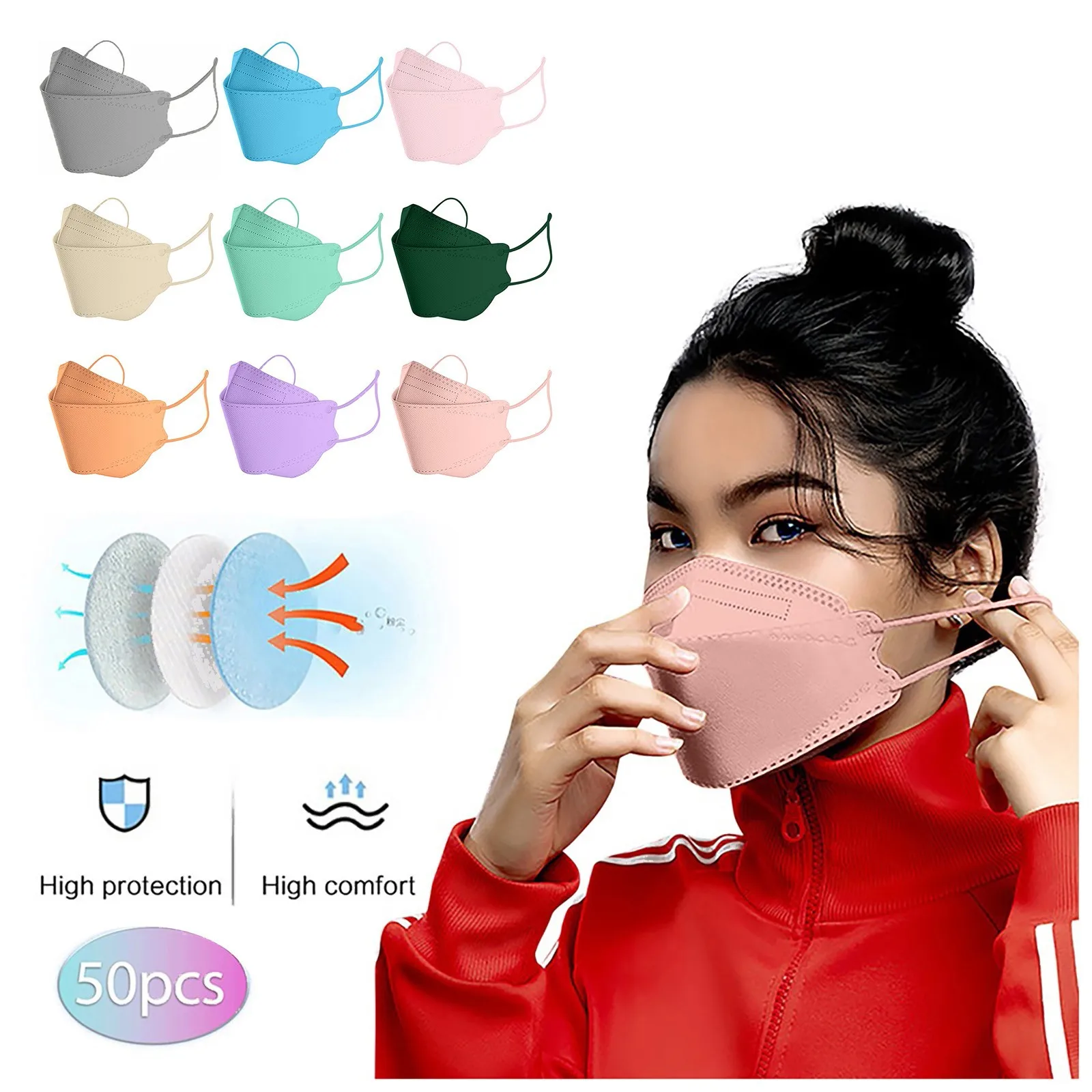 

50PCS Adult Outdoor Mask Droplet And Haze Prevention Fish Non Woven Face Mask 4-Ply Face Masks 3D Mouth Shields Filter