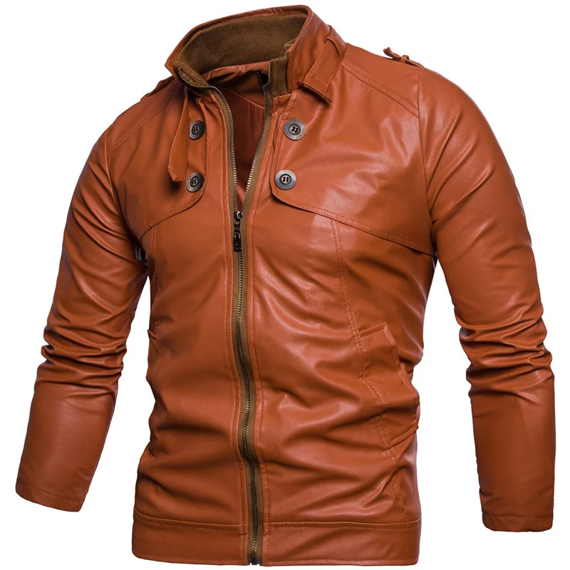 

Round collar jacket male PU Slim locomotive jacket button spring and autumn artificial skin jacket male imitation leather Coats