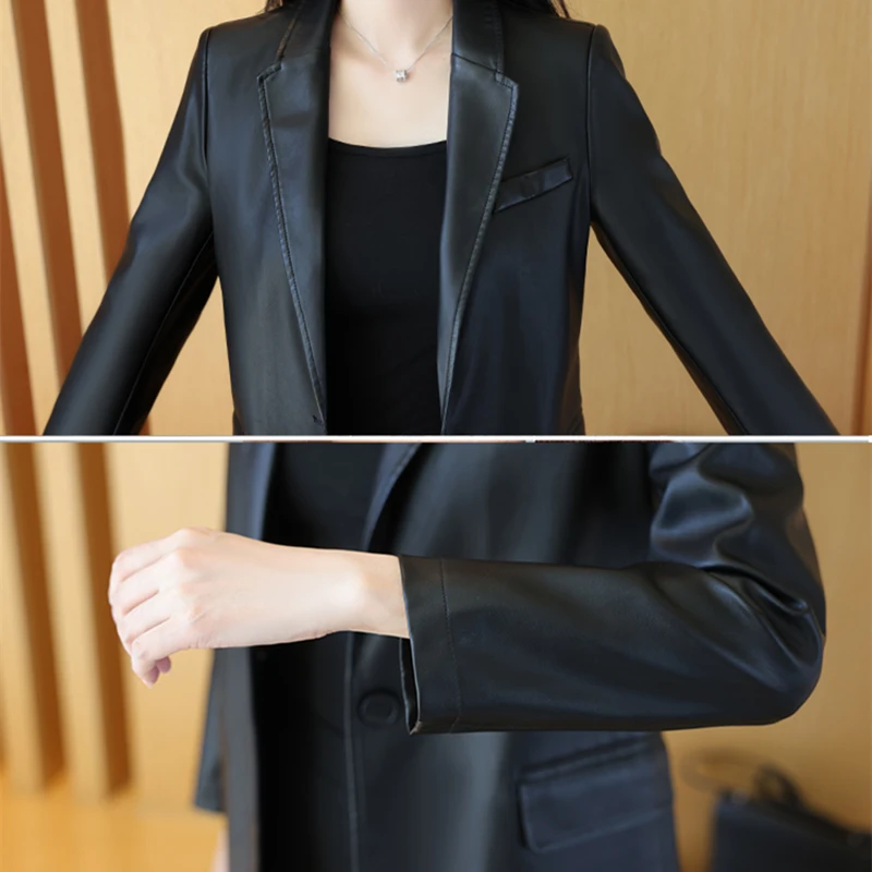 Women's Faux Leather Blazer Jacket 2022 Fall Spring Fashion Casual Solid Oversized Coat Button Down Motorcycle Bike Coat Jackets